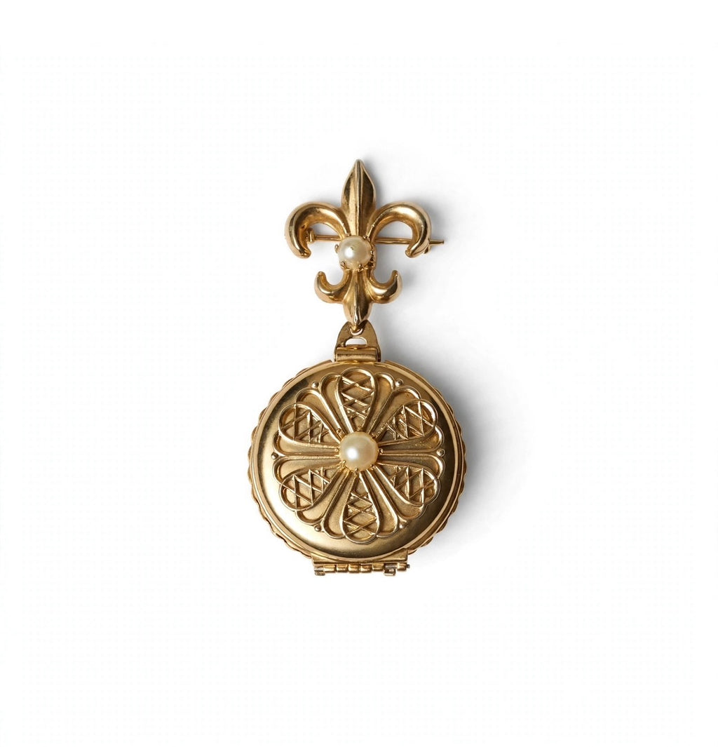 Pretty gold-tone pearl locket brooch with Fleur-dis-les drop, signed Coro Pegasus