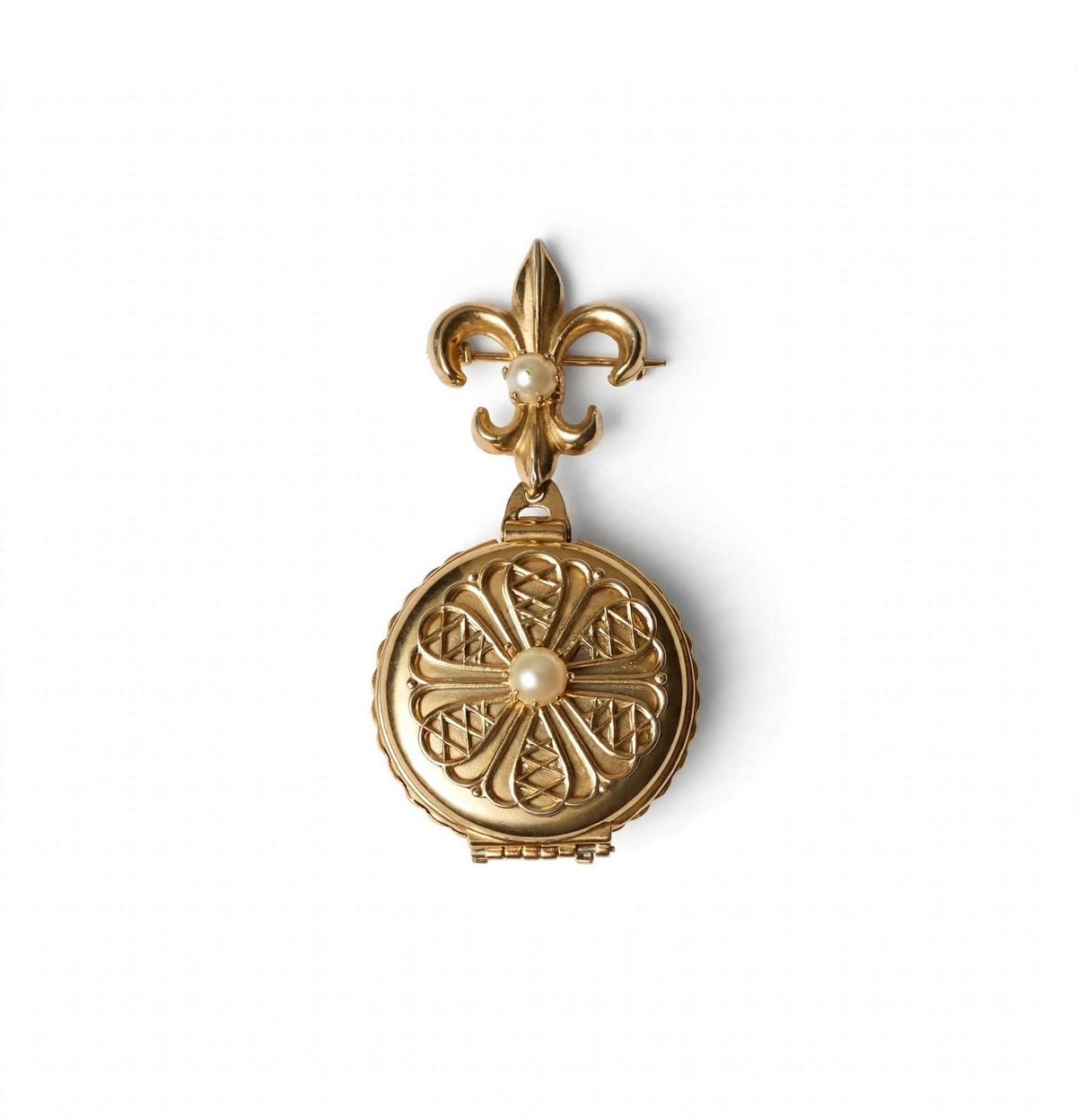 Pretty gold-tone pearl locket brooch with Fleur-dis-les drop, signed Coro Pegasus