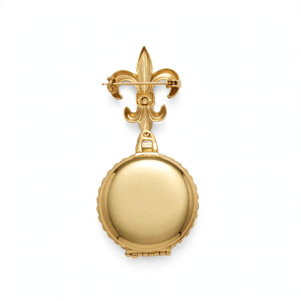 Pretty gold-tone pearl locket brooch with Fleur-dis-les drop, signed Coro Pegasus