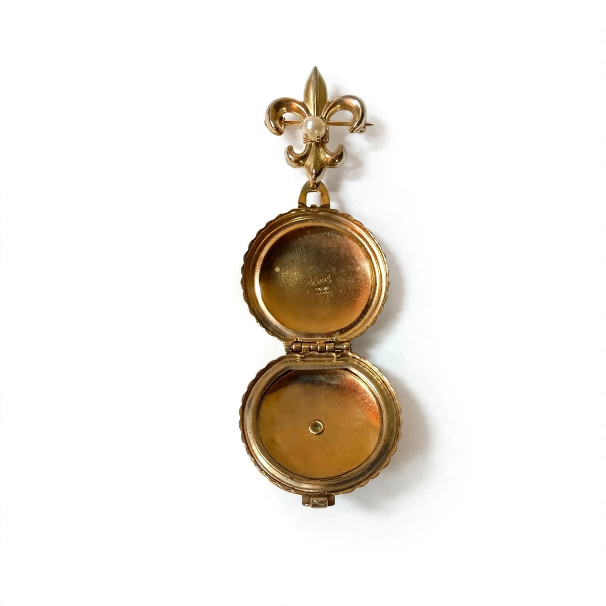 Pretty gold-tone pearl locket brooch with Fleur-dis-les drop, signed Coro Pegasus