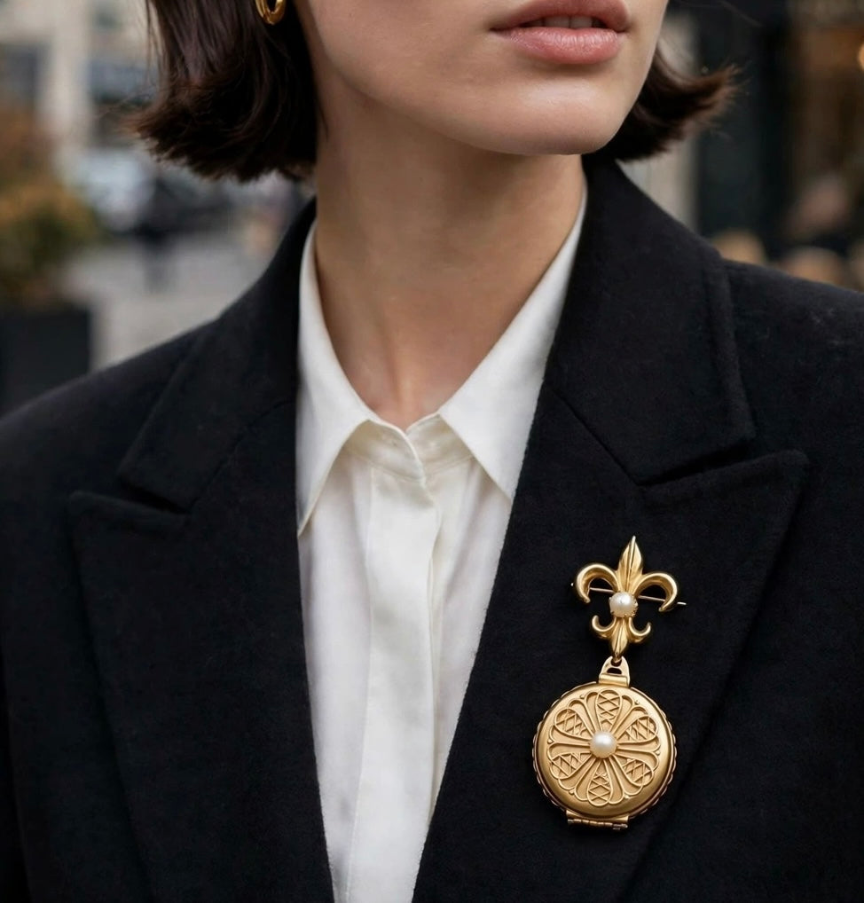 Pretty gold-tone pearl locket brooch with Fleur-dis-les drop, signed Coro Pegasus